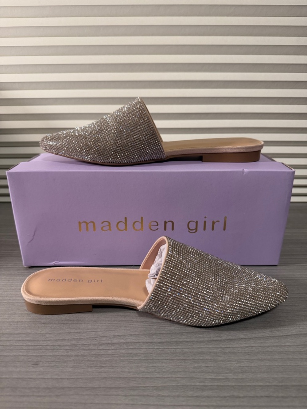 Madden Girl Sparkle Rhinestone Slip-On Mules in Champagne Gold